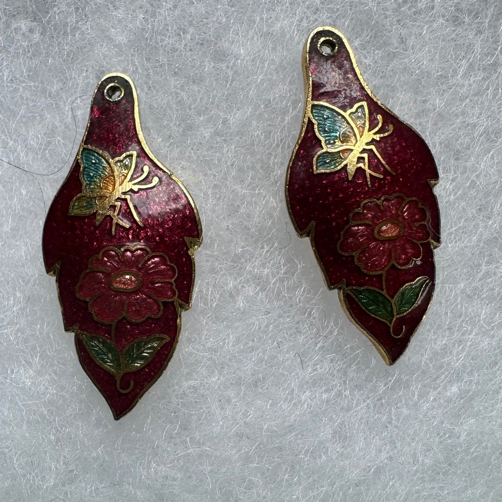 Vintage Cloisonne Red enamel earring jackets gold tone butterfly with flower